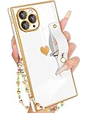 Petitian for iPhone 11 Pro Max Case Stand/String, Luxury Cute Women Girls Heart Electroplated Designer Phone Cases for 11 Pro Max, White