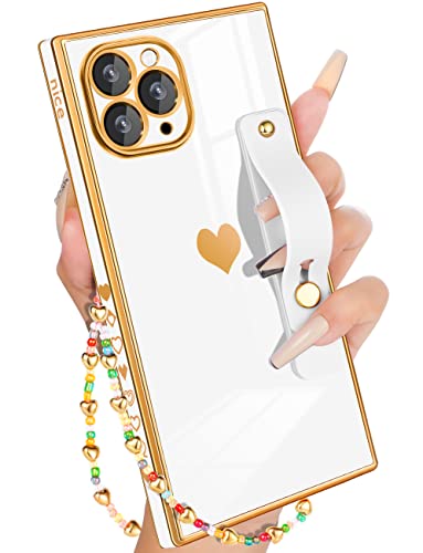 Petitian for iPhone 11 Pro Max Case Stand/String, Luxury Cute Women Girls Heart Electroplated Designer Phone Cases for 11 Pro Max, White