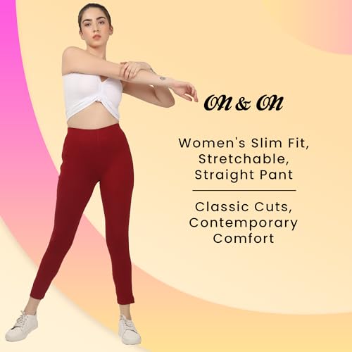 Image of ON&ON Women's Cotton and Lycra Stretchable Slim Fit Straight Pant | Trouser for Casual Wear and Office Wear
