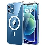 TAURI für iPhone 12/12 Pro Hülle 6,1" mit Panzer Schutz Glas Folie, Kompatibel mit MagSafe, Schutz nach Militärstandard, [Anti-Vergilbung] Stoßfest Magnetisch Handyhülle - Durchsichtig