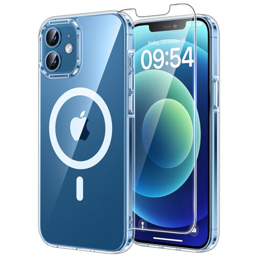 TAURI für iPhone 12/12 Pro Hülle 6 1 mit Panzer Schutz Glas Folie Kompatibel mit MagSafe Schutz nach Militärstandard [Anti-Vergilbung] Stoßfest Magnetisch Handyhülle - Durchsichtig