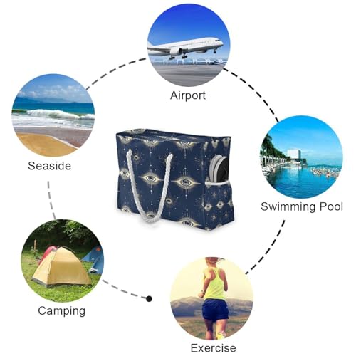 Blue and Back Evil Eye (3) Beach Bag & Travel Tote Bag Large Sandproof with Zipper Closure, Wet Pouch for Swim Gym Travel4