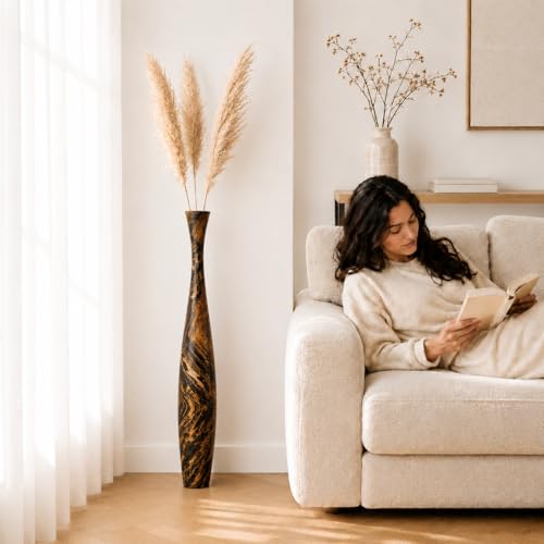 Image of Leewadee Large Brown Light Brown Home Decor Floor Vase - Wooden 34 inches Tall Farmhouse Decor Flower Holder for Fake Plant and Pampas Grass