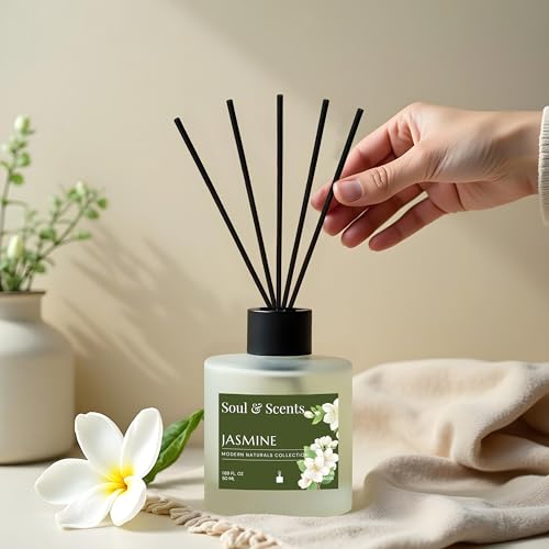 Image of Soul & Scents 50ml Jasmine Reed Diffuser Set | Essence of Orris and Patchouli | Get 5 Rattan Reed Sticks | Smoke Less Room Freshener for Home, Bedroom, Living Room & Office