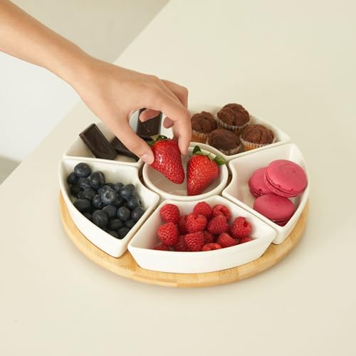 Vencier Lazy Susan Rotating, Revolving Dip Set Snack Bowl Serving Platter with 6 Ceramic Dishes Dips, Snacks & Appetisers - Image 2