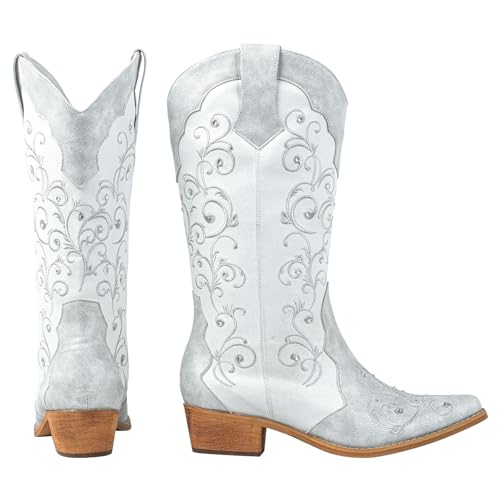 SheSole Women's Rhinestones Cowgirl Cowboy Boots Western Country Wedding Wide Calf Floral Embroidery Boot 5