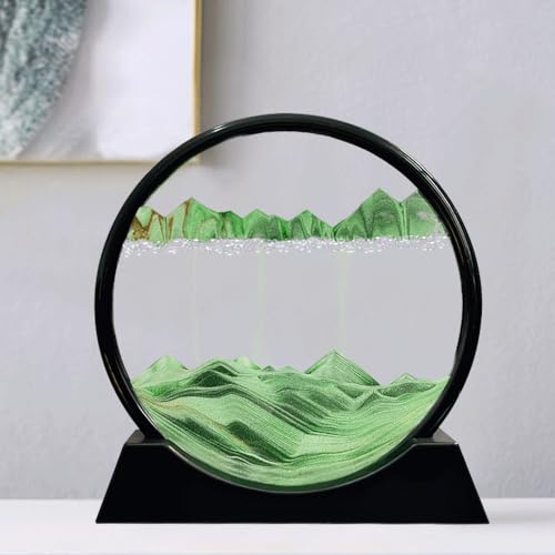 Sablier 3D art dynamique de 20cm en verre rond avec sable mouvant vert