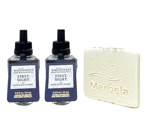 Bath & Body Works FIRST SIGHT - 2 Pack Wallflowers Home Fragrance Refill Bulbs with a Natural Oats Sample Soap.