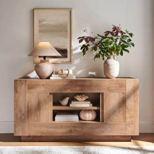 OKD 55″ TV Stand for 65″ TV, Thick Block Media Console, Light Knotty Oak | Open Storage, Side Cabinets, Soft Close Door, Cable Management, Modern Entertainment Center for Living Room, Bedroom