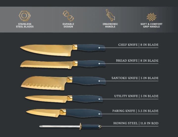 Miniatura 2 de Thy.me - Juego de cuchillos de mesa de 7 piezas con cuchillas doradas y bloque azul