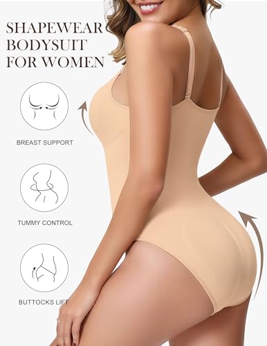 Image of Shapewear Bodysuits with Built in Bra Tummy Control Body Shaper | V Neck Wide Straps Compression Cami Faja Body Shaper with Crotch Hooks