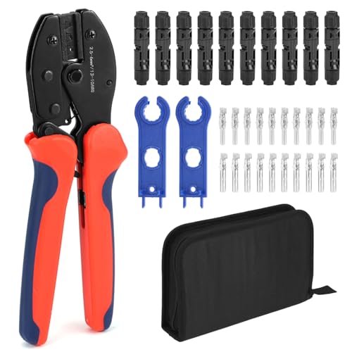 QWORK Solar Crimper Tool Kit - 13 Piece Set with High-Carbon Steel Crimper, Solar Connectors, Spanner Wrenches, and Durable Zipper Case for Solar Panel Cable Assembly