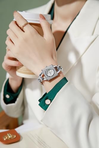 Image of Giordano Analog Quartz Watch for Women with Textured Square Dial, Crystal Studded Bezel, Blue Crown, Stainless Steel Strap - GZ-60160