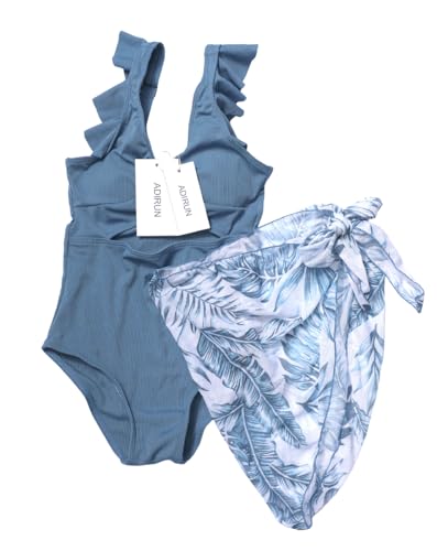 Image of Bathing Suit for Girls 10-12 Girl Swimsuit Cut Out Ruffle One Piece Swimsuit Twist V Neck Girls' Swimwear with Cover Up Skirt Solid Color Dark Blue 11-12 Years