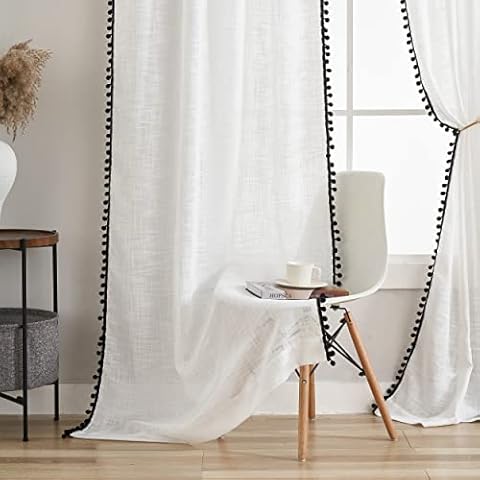 VOILYBIRD Farmhouse Curtains with Black Pom Poms for Living Room Boho Curtains & Drapes W40 x L63 2 Panels Cover