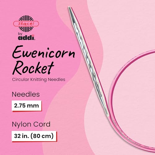 Image of skacel by addi Ewenicorn Rocket Circular Knitting Needles, Fixed 32 Inch (80 cm) White Chrome Plated Brass Tips with Flexible Nylon Cord, 2.75 mm
