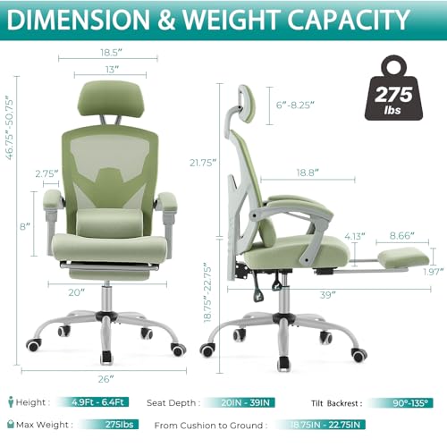 DUMOS Office Desk Chair with Footrest Ergonomic Gaming Chair for Adults Computer Mesh, Lumbar Support,Swivel Reclining with Headrest, Comfy Armrest for Home, Office, Work, Study, Light Green - Image 4