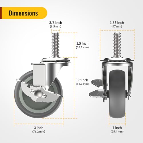holkie caster wheels 3 inch locking casters set of 4 threaded stem 3834 -16 x 1-1234 diameter 3834 length 1-1234 swivel heavy duty castors gray