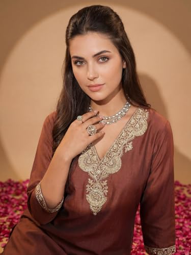 Image of INDO ERA Women's Silk Blend Embroidered Zari Work Straight Kurta & Pant Set | Cord Set For Women