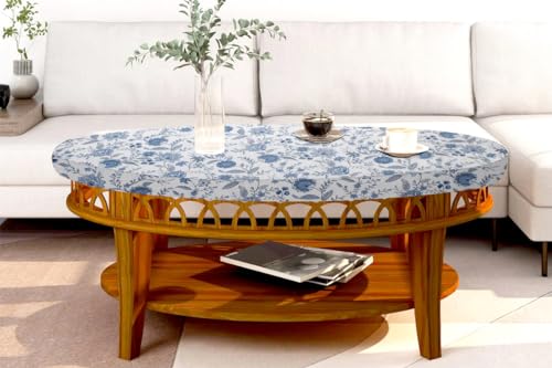 Image of The Furnishing Tree Elastic Cotton Oval Center Table Cover 16x48 in Inches Floral Blue on White Base