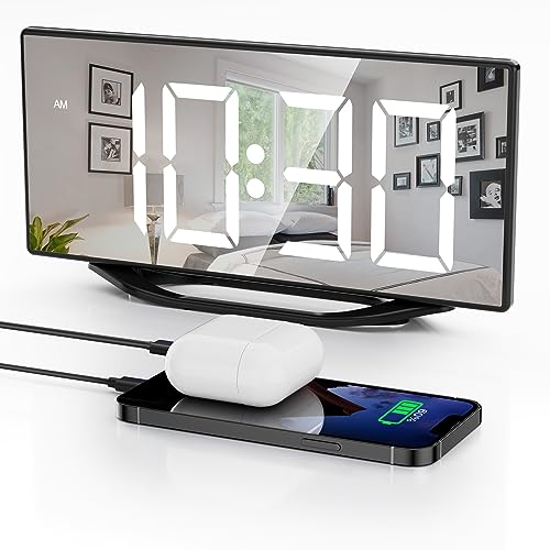 Image of Digital Alarm Clocks for Bedrooms,8.7 inch LED Mirror Electronic Clocks with 2 USB Charger Ports,7 Levels Brightness & Alarm Volume,Dual Alarms,Snooze,12 /24H,Modern Desk Clock for Bedside Home Office