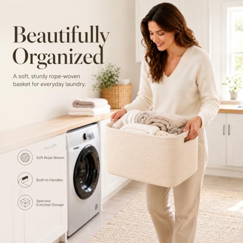 Image of 15.4GAL Woven Laundry Basket for Kids, Cute Boho Square storage basket for Living Room Decor, Baby Girls Boys Toys Stuffed Animal Decorative Short Hamper for Dirty Clothes, Bath Towel,Shoes Beige
