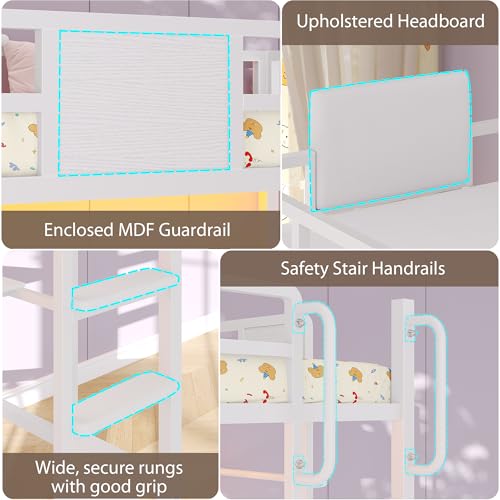 Image of Dnxao Loft Bed Twin Size with L-Shaped Desk, Heavy-Duty Metal Twin Loft Bed with 5 Storage Drawers, LED Lights & Charging Station, Reinforced Stable Structure for Small Room Dorm Apartment, White