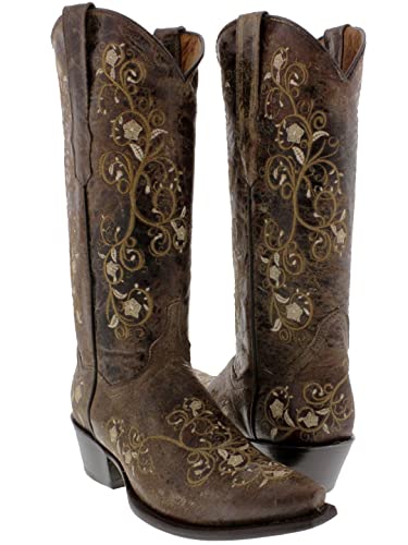 Womens Mesina Brown Western Leather Cowboy Boots Floral Snip Toe2