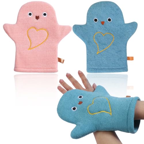 EORPAVU Esponjas y guantes de baño Manoplas de lavado de toallas de baño con estampado de animales, juguetes de baño para diversión en el baño, toallas de baño para bebé (azul y rosa), 2 uds.