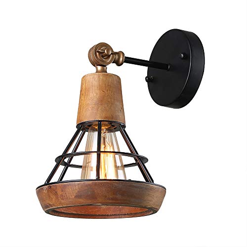 Giluta Conical Industrial Wood Wall Sconce with Cage Shade, Vintage Stylish Bathroom Lighting Log Cabin Home Retro Edison Sconce Lighting Fixtures 1-Light, Brown (W0050)