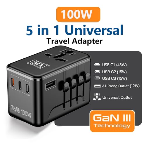 Image of MX GaN 100W Universal Travel Adapter with 3 USB-C Ports & 1 USB-A Port, 5-in-1 International Power Adapter for Worldwide Travel with Auto-Resetting Fuse, Type D /A /C /G /I Output, 200+Countries