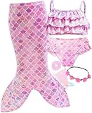 PURFEEL Girls Sparkle Swimsuit 5 Pcs Set Kids Ruffle Bikini with Cover up Shiny Pink 6-7Years