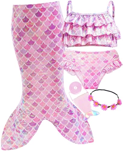 PURFEEL Girls Sparkle Swimsuit 5 Pcs Set Kids Ruffle Bikini with Cover up Shiny Pink 6-7Years