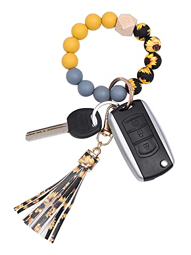 Baosiwa Women Silicone Keychain Bracelet Beaded Wristlet Key Ring Sunflower Bangle Chains With Leather Tassel #TOP25