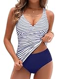 Yonique Tankini Swimsuits for Women Tummy Control Bathing Suits Two Piece Tankini Tops with Bikini Bottoms Plus Size Swimwear Blue and White Stripe 24W