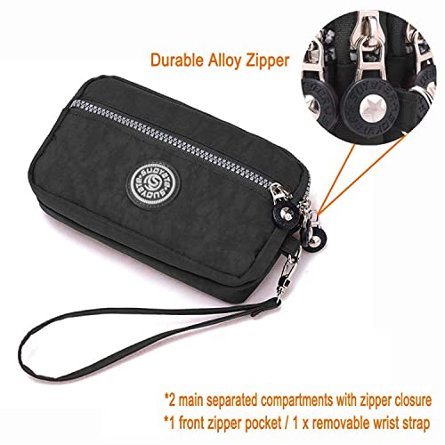 Witery Women Zip Clutch Pouch Purse - Nylon Waterproof Wristlet Wallets With Detachable Wrist Strap, Travel Small Clutch Bag For Phone/Earbuds/Credit Cards/Keys/Cash Black #TOP5
