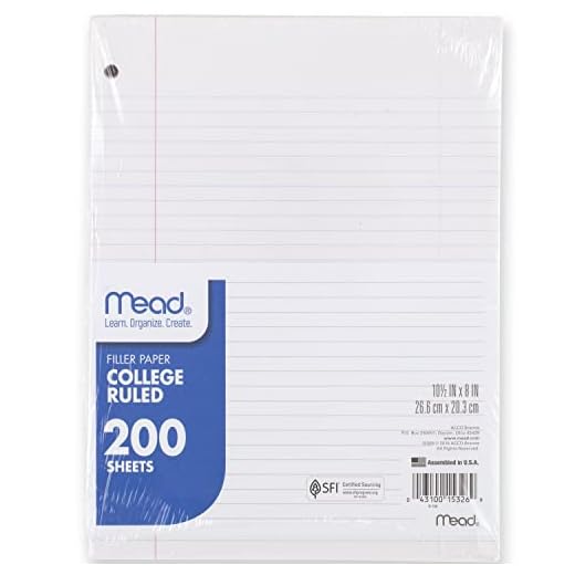 Mead Loose Leaf Paper, 3 Hole Punch Filler Paper, College Ruled Paper, 10-1/2" x 8", 200 Sheets (15326) White