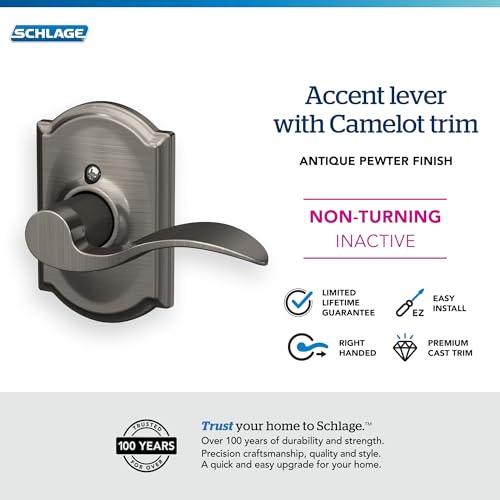 Image of SCHLAGE Accent Lever with Camelot Trim Non-Turning Lock in Antique Pewter - Right Handed - F170 ACC 620 CAM RH