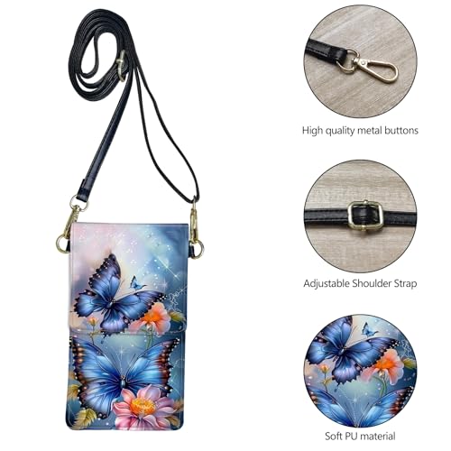 Touch Screen Phone Purse,Small Crossbody Bag for Women Girl,Lightweight Small Leather Bag Card Holder Phone Wallet with a Shoulder Strap-Blue Butterfly3
