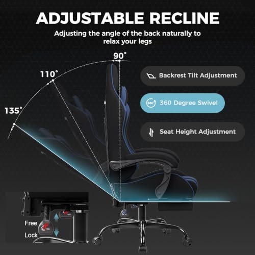 Image of GTPLAYER Gaming Chair, Computer Chair with Footrest and Lumbar Support, Height Adjustable Game Chair with 360-Swivel Seat and Headrest and for Office or Gaming (Blue, Fabric)