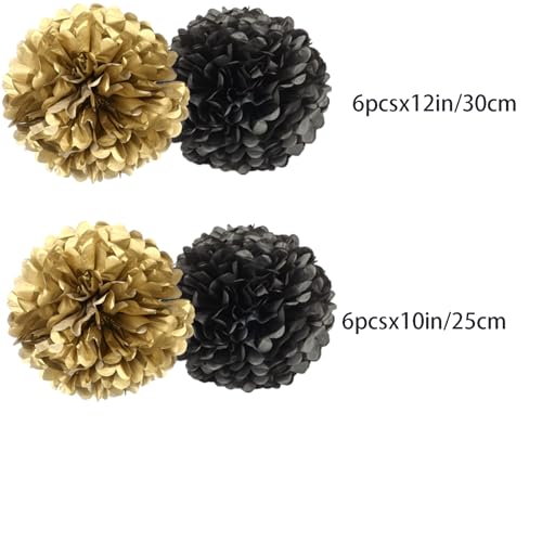 Image of Black Gold Paper Pom Poms for Wedding Birthday Black Gold Party Decoration - Ceiling Wall Hanging Tissue Flowers - 12pcs 2 Colors of 12 Inch 10 Inch