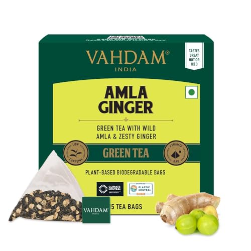 Image of VAHDAM Amla Ginger Tea - 15 Green Tea Bags | Vitamin C Fortified Digestive Health Drink | High Nutrition Pratapgarh Amla Variety | Herbal Tea for Immunity
