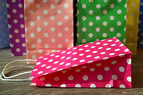 Image of RanGit Bhumi 24 pcs Color Paper Bags with Polka Dots - Party Favor Goodie Candy Gift Kraft Paper Bags with Handles for birthday, wedding, engagement party and other festivals (9 inchx4 inchx11.3 inch, Pink)