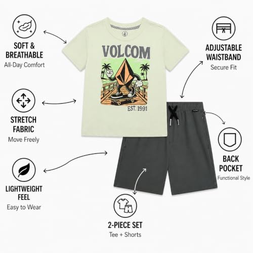 Image of Volcom Toddler Baby Boy Shorts Set - 2 Piece Short Sleeve Graphic Tees and Tech Stretch Shorts for Boys Infant Summer Clothes