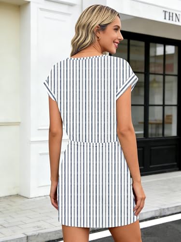 Image of SAUKOLE Women Summer T Shirt Dress Casual Short Sleeve V Neck Dress with Pockets Drawstring Waist Short Dresses