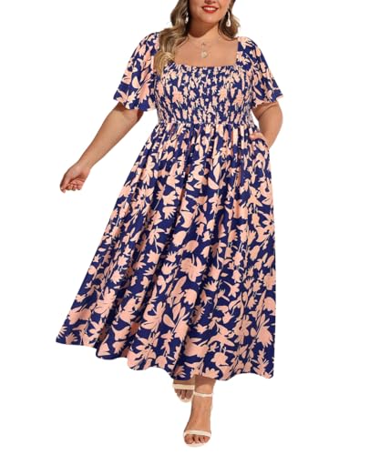 Image of RITERA Plus Size Dresses for Curvy Women Square Neck Short Sleeve Summer Floral Smocked Maxi Dress with Pocket XL-5XL