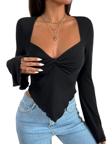 Avanova Women's Long Sleeve Square Neck Crop Top Twist Front Asymmetrical Shirt3
