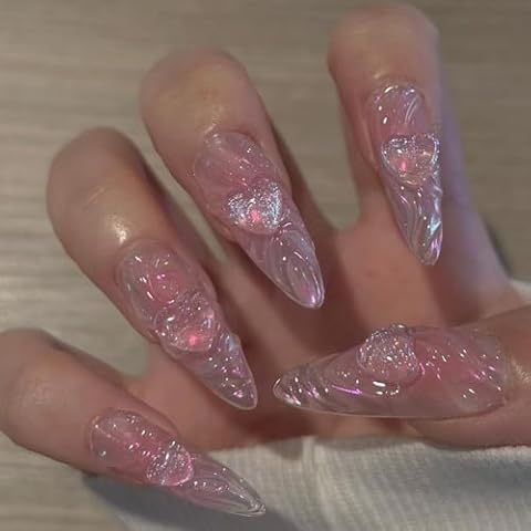24Pcs Almond Shaped Press On Nails，Almond Press On Nails，Almond Nails Press On， Pink Almond Nails Medium Fake Nails with 3D Stereoscopic Water Ripples Design Artificial Nails Stick on Nails For Women Cover