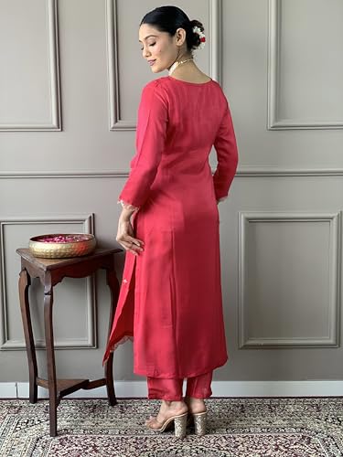 Image of Naixa Women's Pure Cotton Embroidered Straight Kurta with Pant and Dupatta Sets for Wedding and Festival Wear