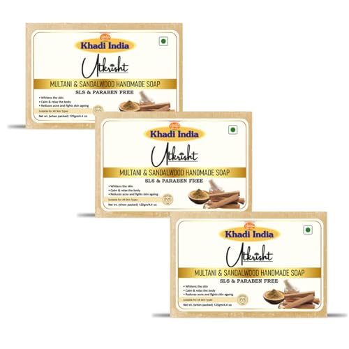 Image of Khadi Multani & Sandalwood Handmade Bathing Soap Bar 125g (Pack of 3) | Natural & Herbal | Hydrating, Glowing & Brightening | For Skin Pores & Wrinlees | All Skin Types | For Men & Women